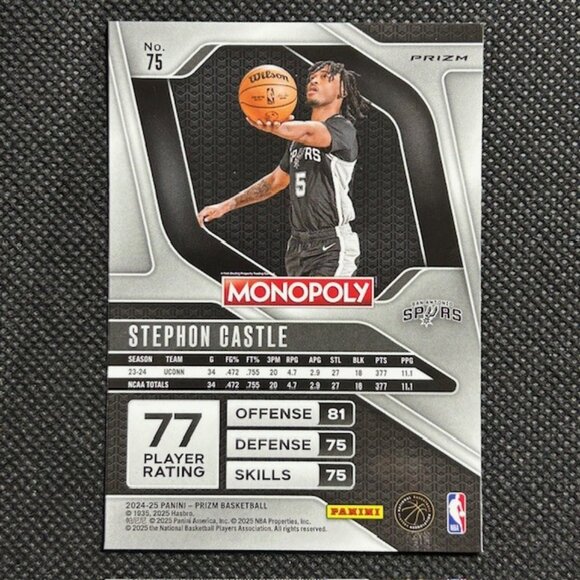 2024-25 Panini Prizm Monopoly Stephon Castle #75 Silver Prizm RC Rookie Spurs - Picture 2 of 2